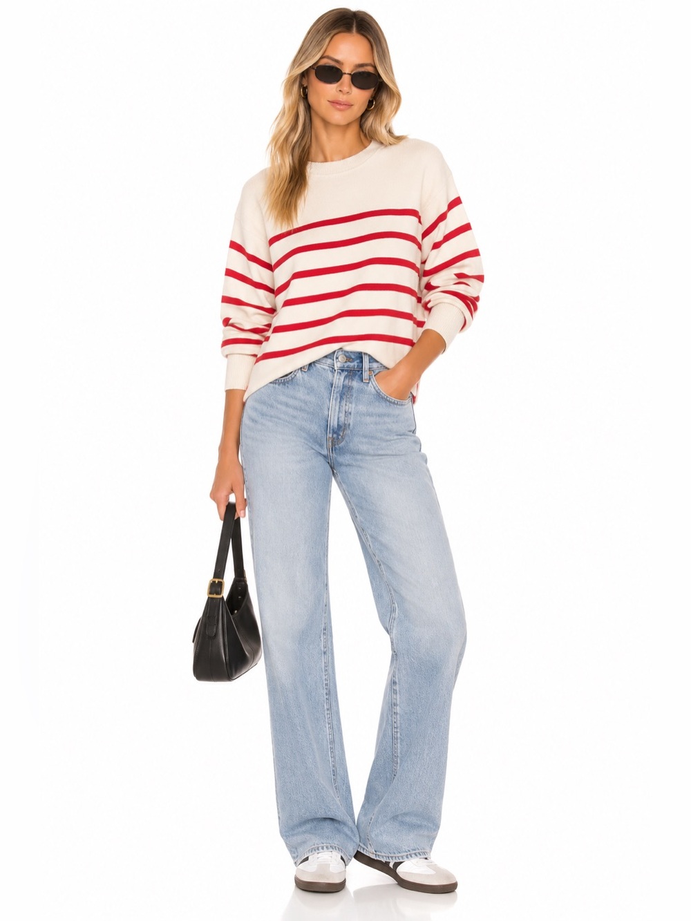 Uniqlo Women Red Cream Striped 100% Cotton Oversized Crewneck Sweater Smal